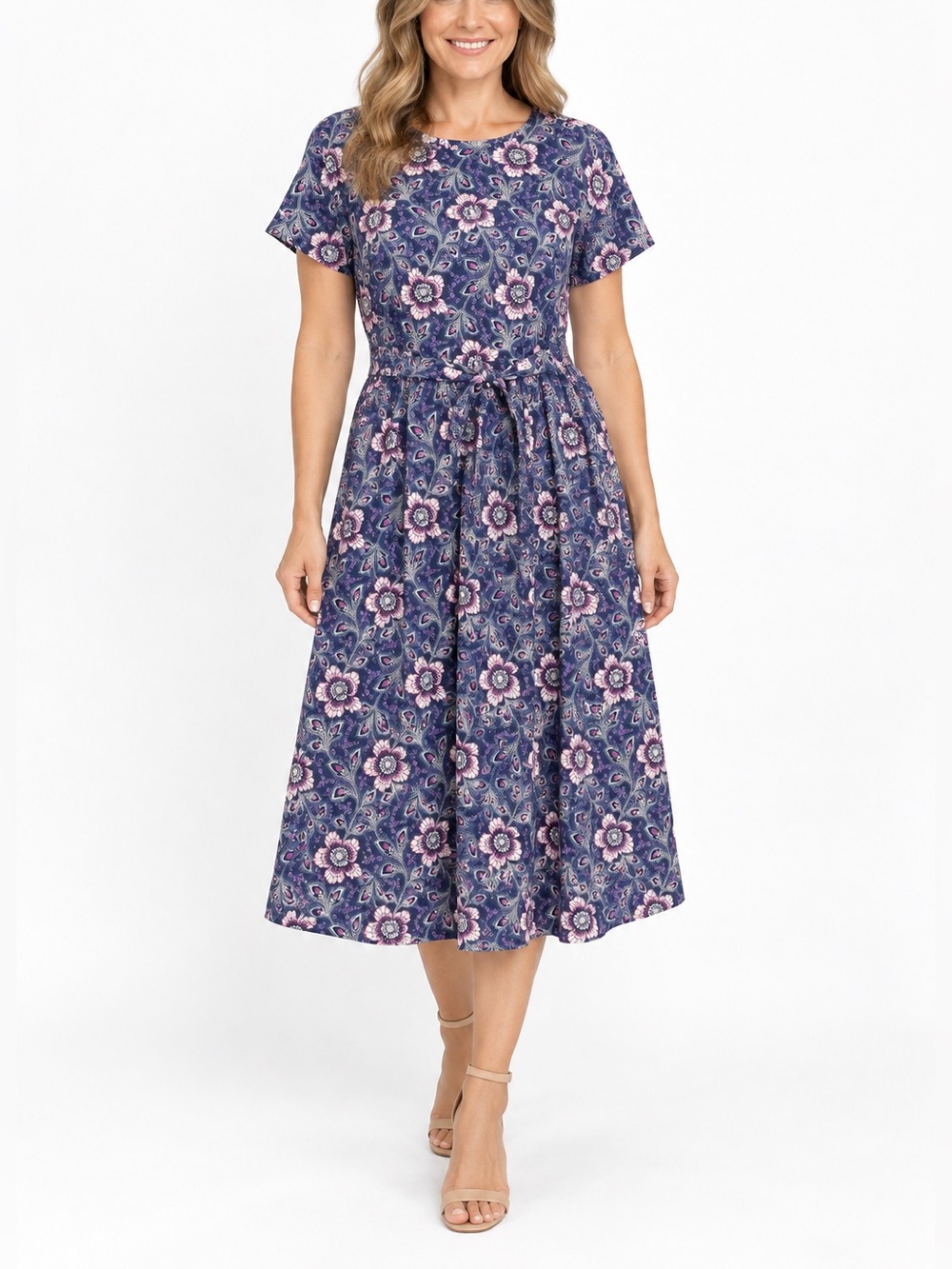 Talbots Size 4 Navy Purple Floral Paisley Cotton Midi Dress Belted